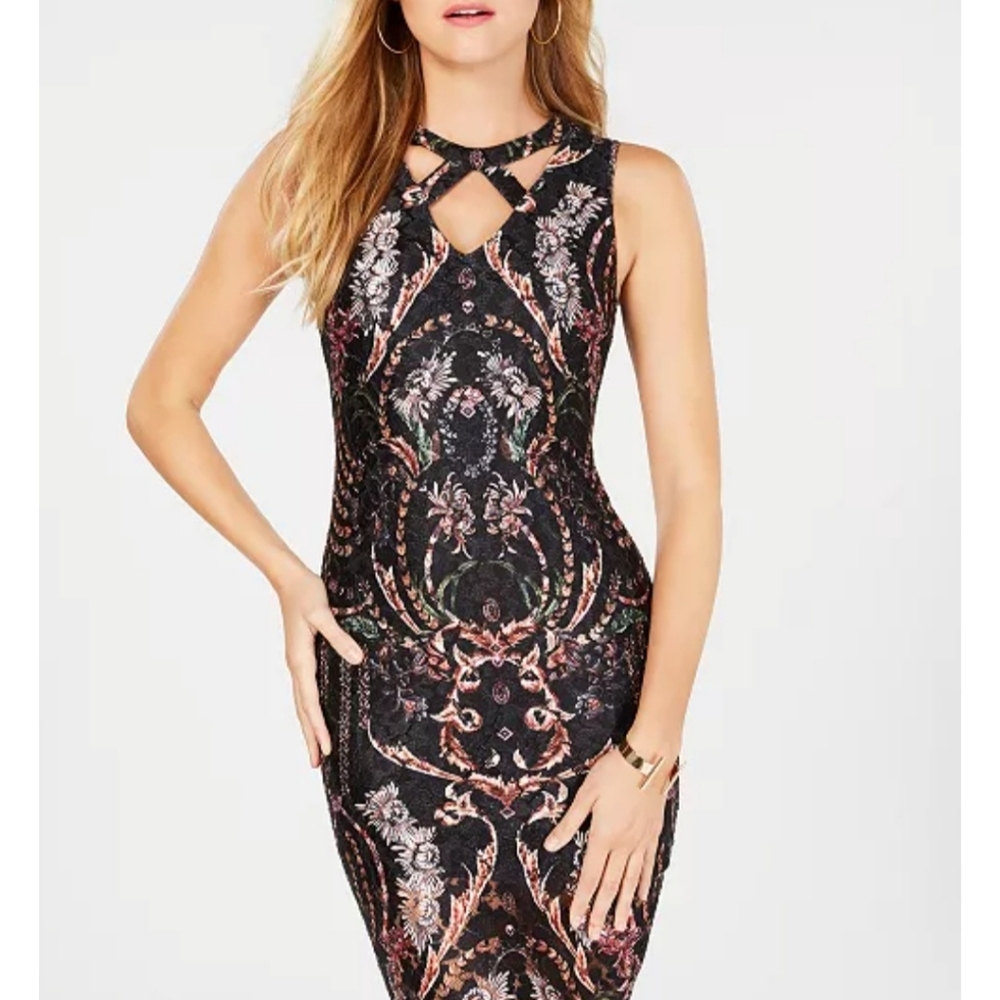 Guess Cutout Lace Bodycon Dress Size 6 Elegant Black Patterned Dress